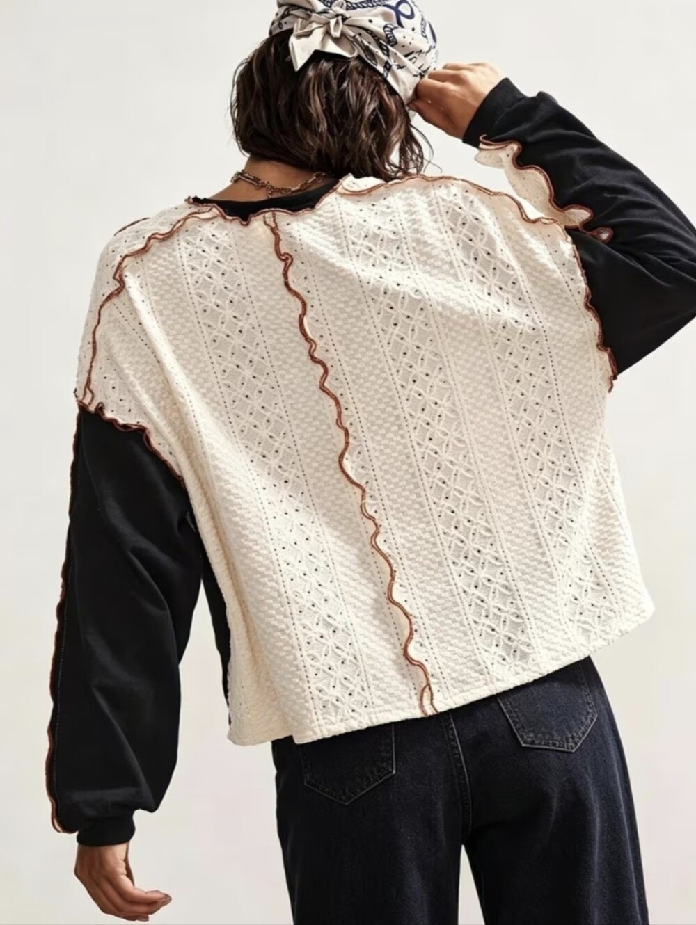 Women'S Boho Eyelet T-Shirt Patchwork Long Sleeve Loose Casual Cropped Loungewea